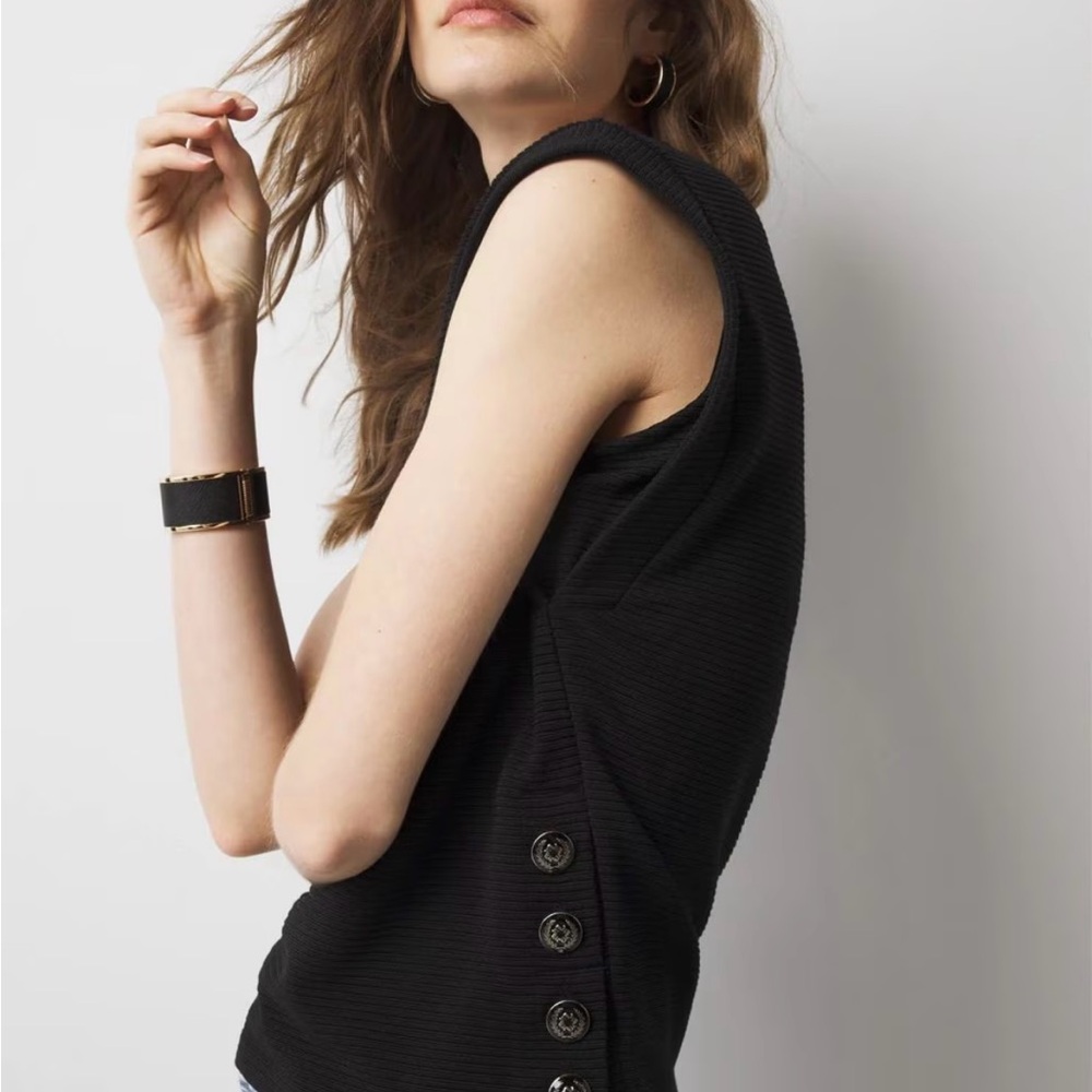 Side-Button Ribbed Crewneck Top Sleeveless WHBM Black Current Size XS